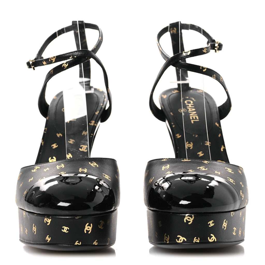 Printed Lambskin CC Platform Pumps 37.5 Black Gold