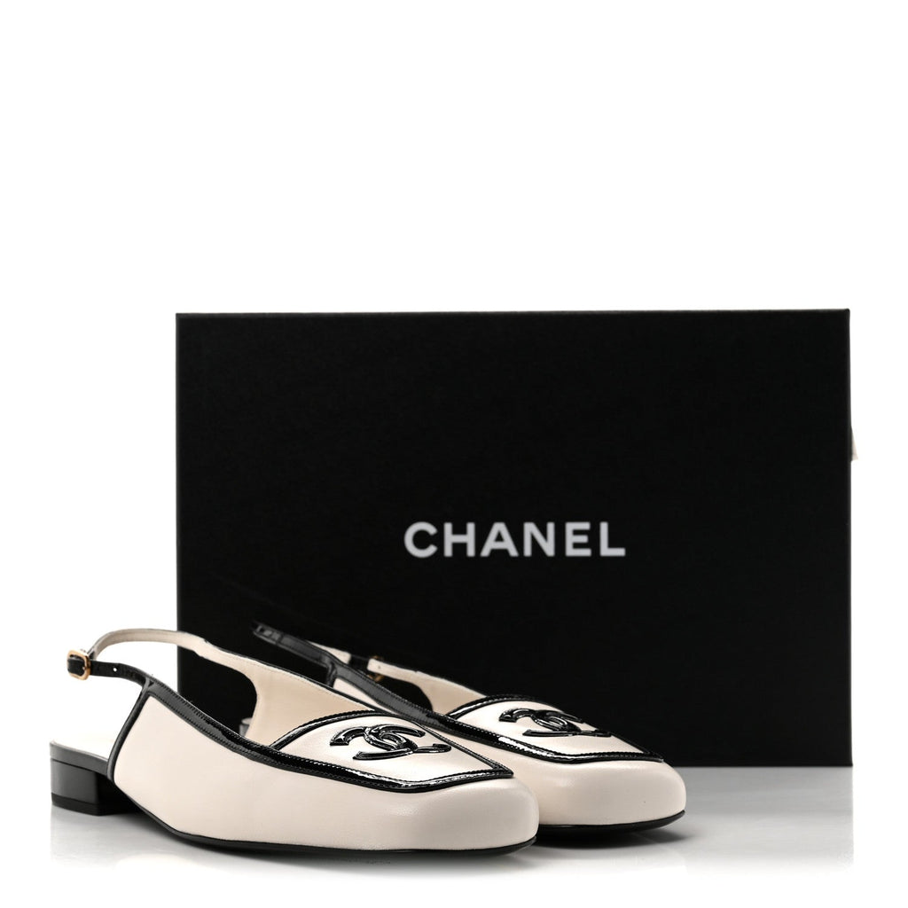 Lambskin Patent Calfskin Cap Toe CC Slingback Pumps 39 Ivory Black