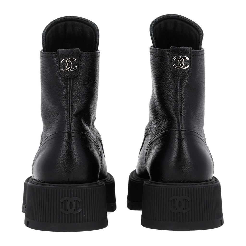 Grained Calfskin Shiny Calfskin CC Lace Up Combat Boots 40.5 Black