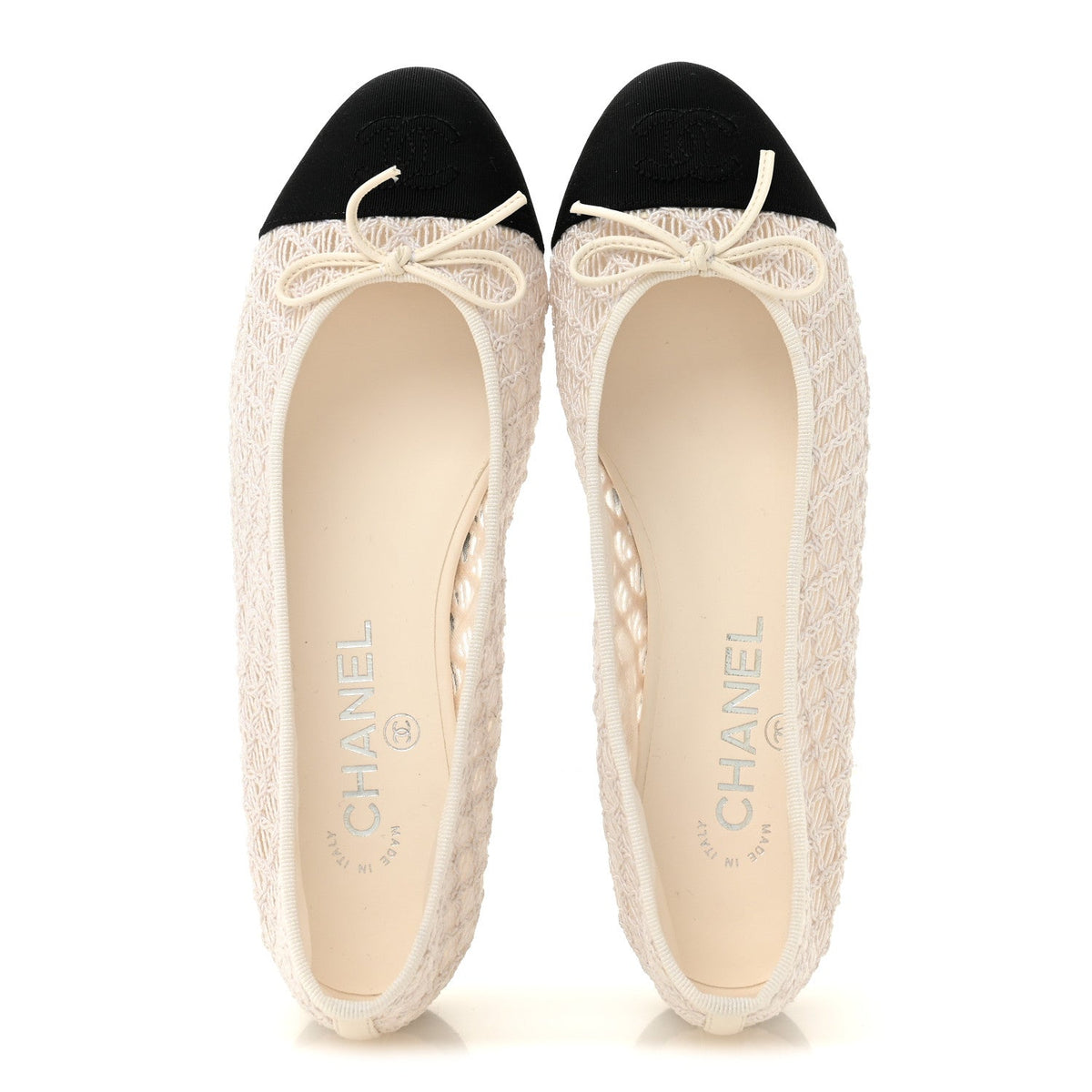 Embroidered Grosgrain Cap Toe Ballerina Flats 37.5 White Black