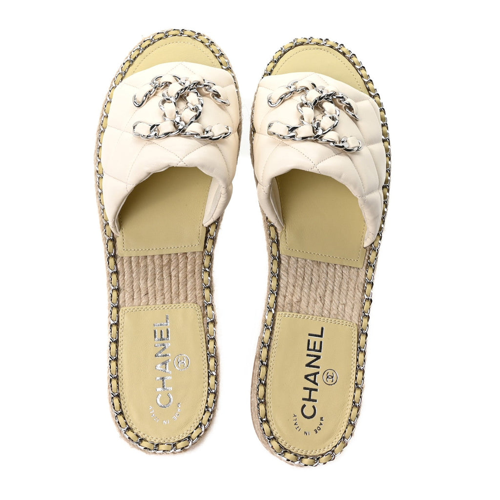 Lambskin Quilted CC Chain Espadrille Mules 41 Ivory