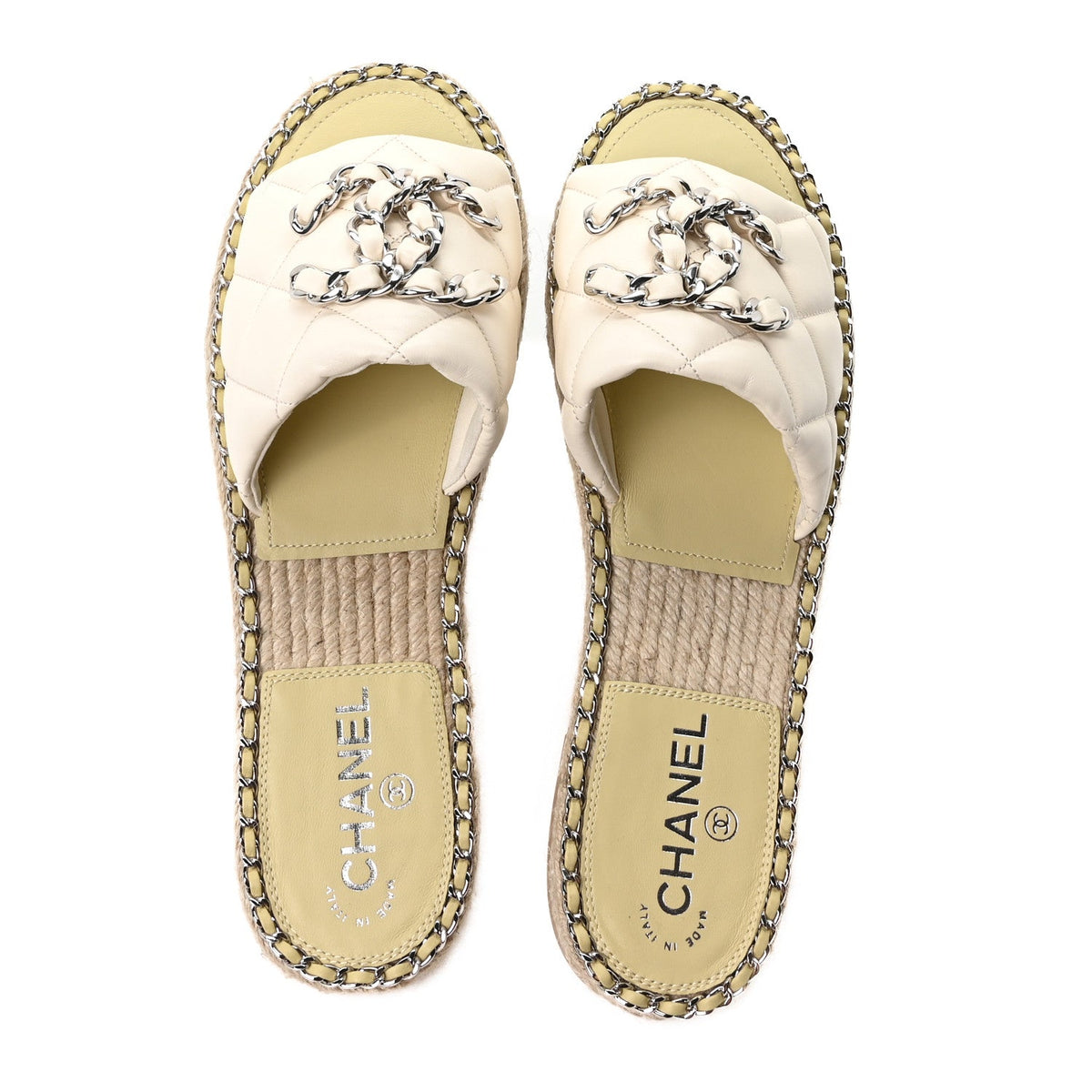 Lambskin Quilted CC Chain Espadrille Mules 41 Ivory