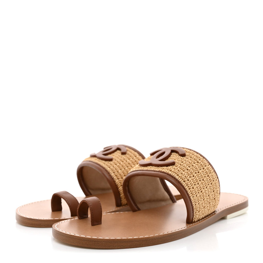 Raffia Lambskin CC Mules 38.5 Beige Brown