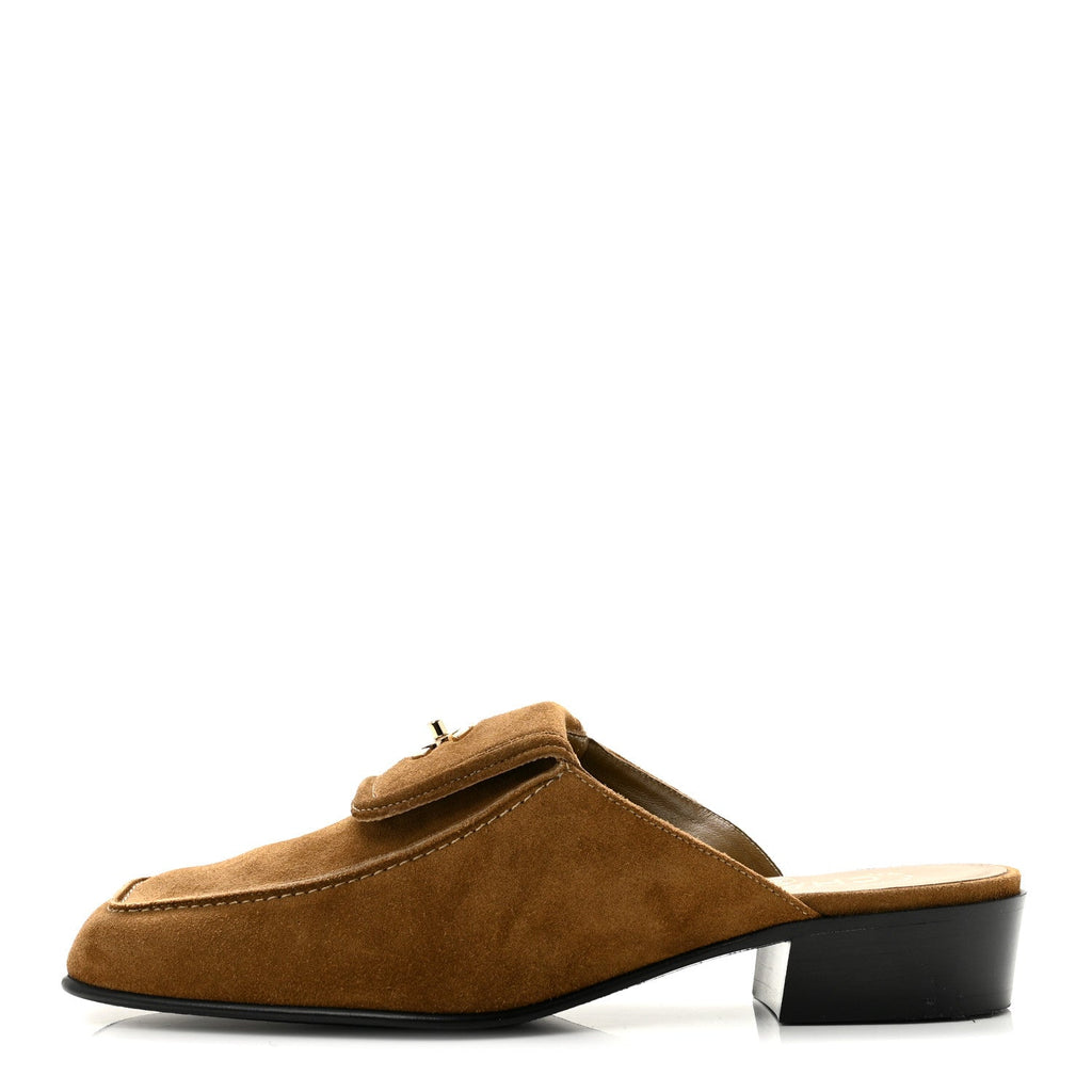Suede Calfskin CC Turn Lock Mules 40 Dark Beige
