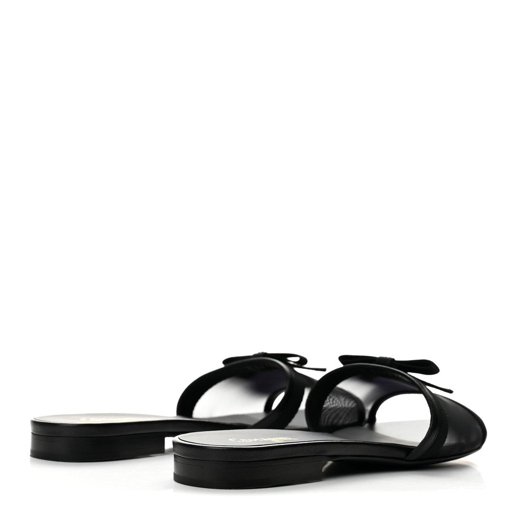 Mesh Lambskin CC Bow Mules 40 Black