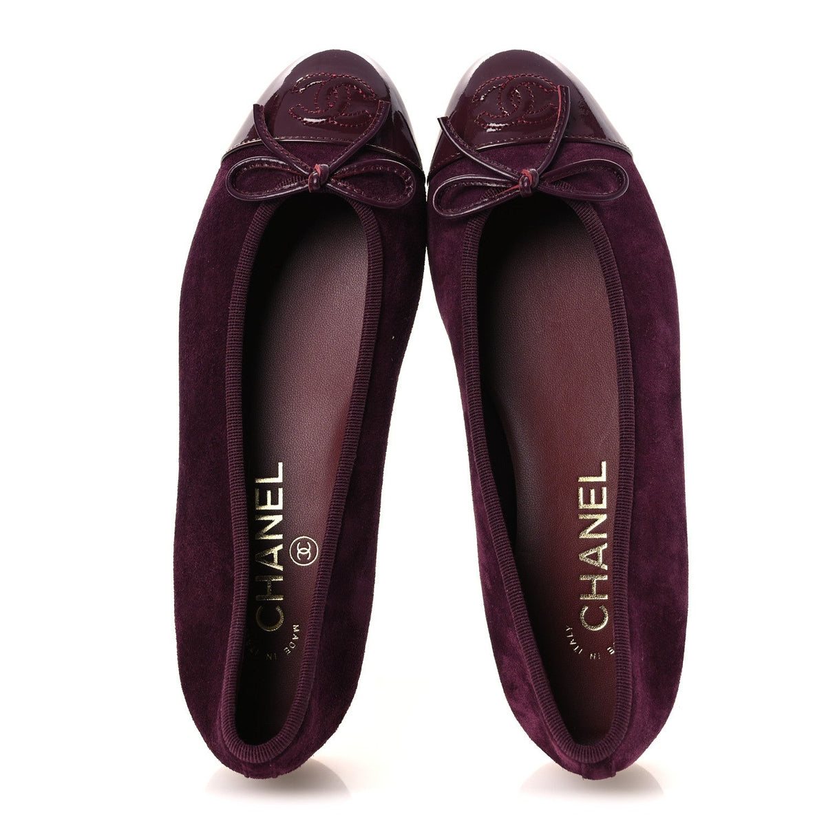 Suede Calfskin Patent Cap Toe CC Ballerina Flats 36 Burgundy
