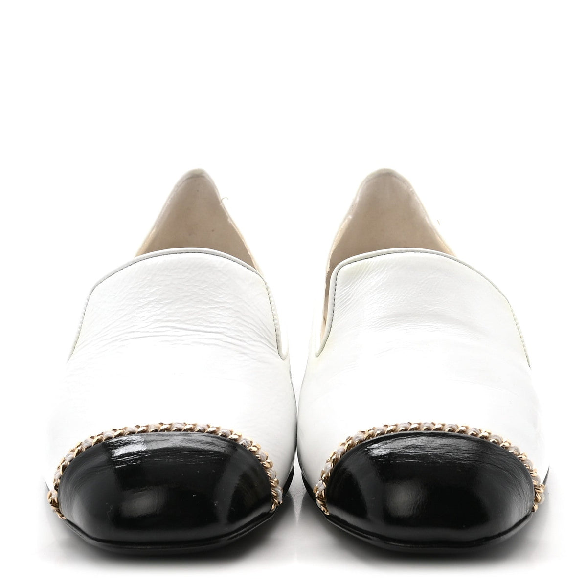 Patent Cap Toe Chain Moccasin Loafers 37 White Black