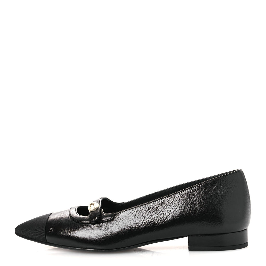 Shiny Lambskin Grosgrain Pearl Mary Jane Flats 37 Black