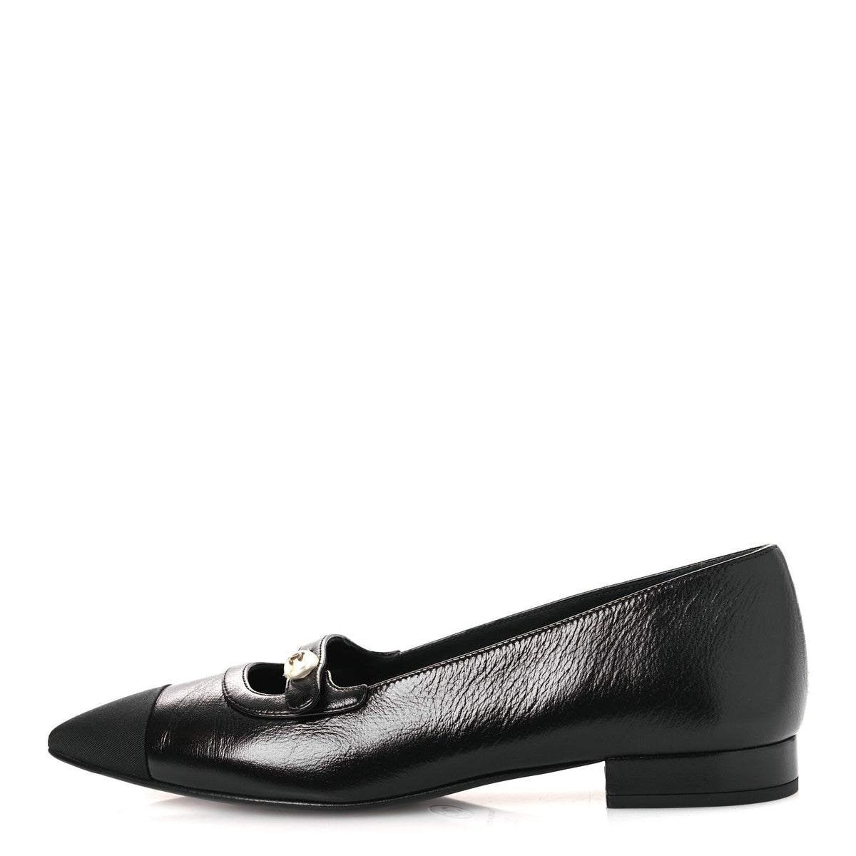 Shiny Lambskin Grosgrain Pearl Mary Jane Flats 37 Black