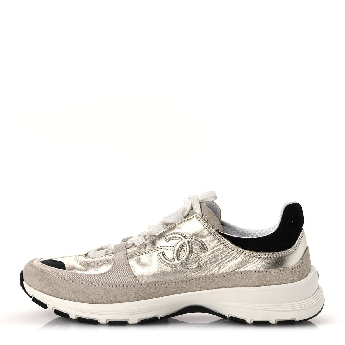 Suede Metallic Calfskin Womens CC Sneakers 39.5 White Silver