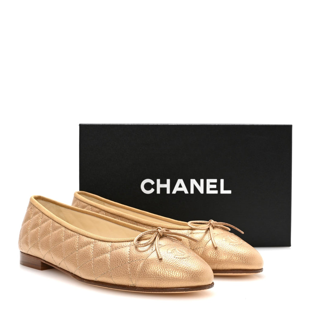 Caviar Quilted CC Cap Toe Ballerina Flats 41 Beige
