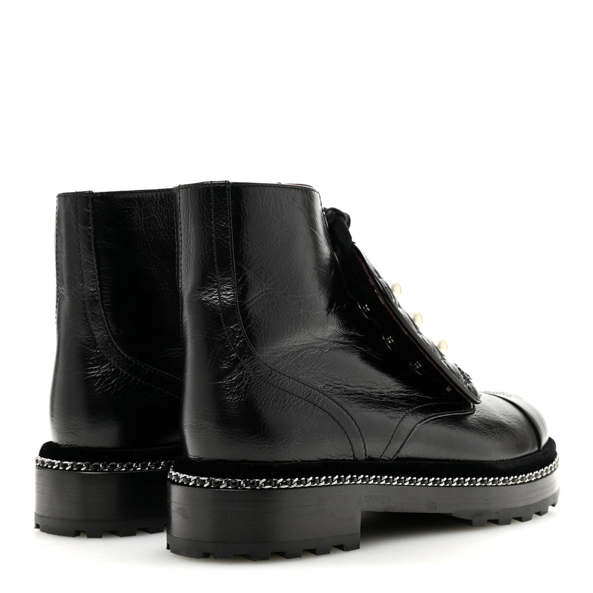 Crackled Calfskin Velvet Pearl Combat Short Boots 38.5 Black