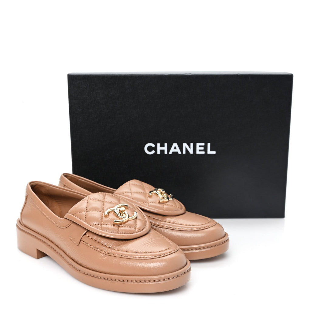 Crumpled Lambskin Quilted CC Turnlock Moccasins 35.5 Dark Beige