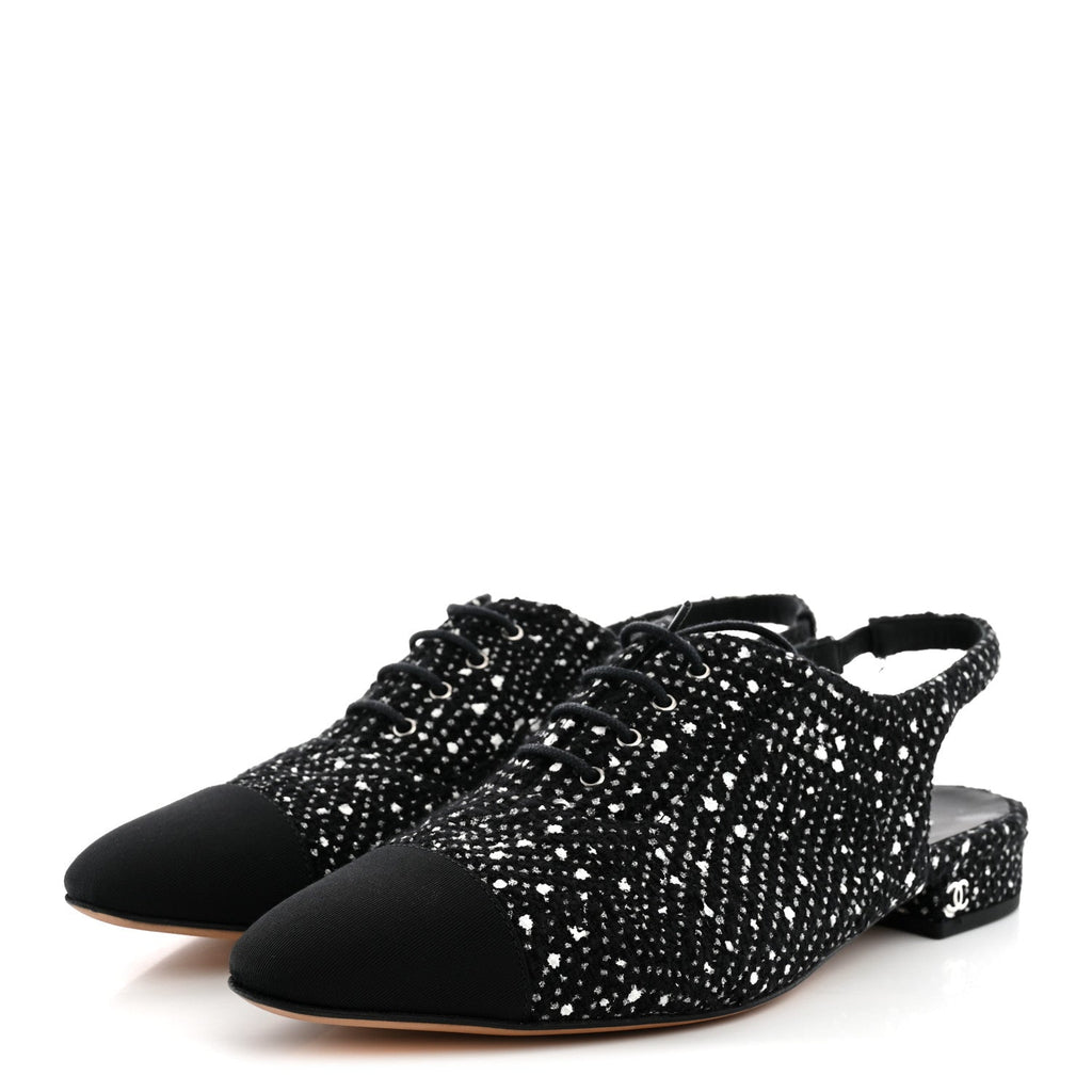 Cotton Tweed Grosgrain Cap Toe Lace Up Slingbacks 38 Black Silver White