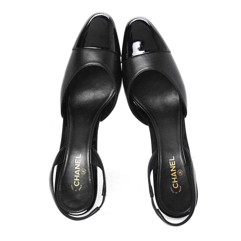 Lambskin Patent Cap Toe CC Apple Slingback Pumps 40 Black