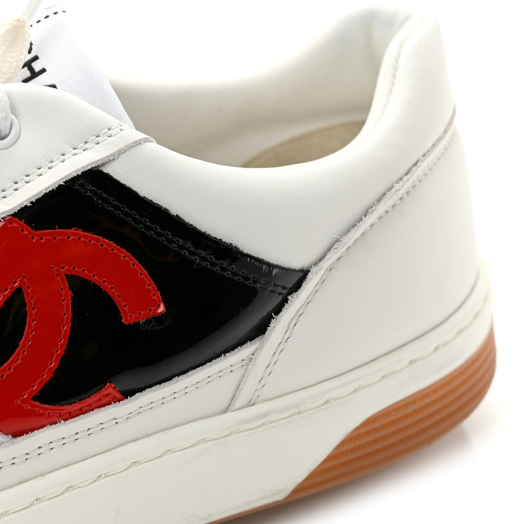 Calfskin Patent Womens CC Sneakers 40.5 White Black Red