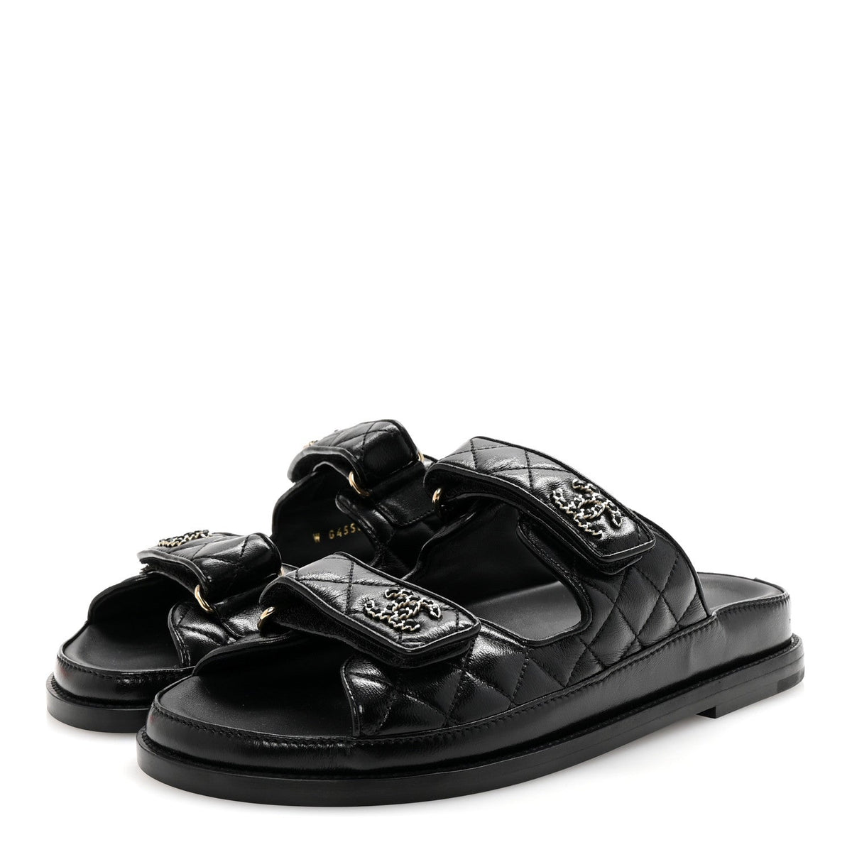 Lambskin Quilted Velcro Dad Chain CC Slide Sandals 38 Black