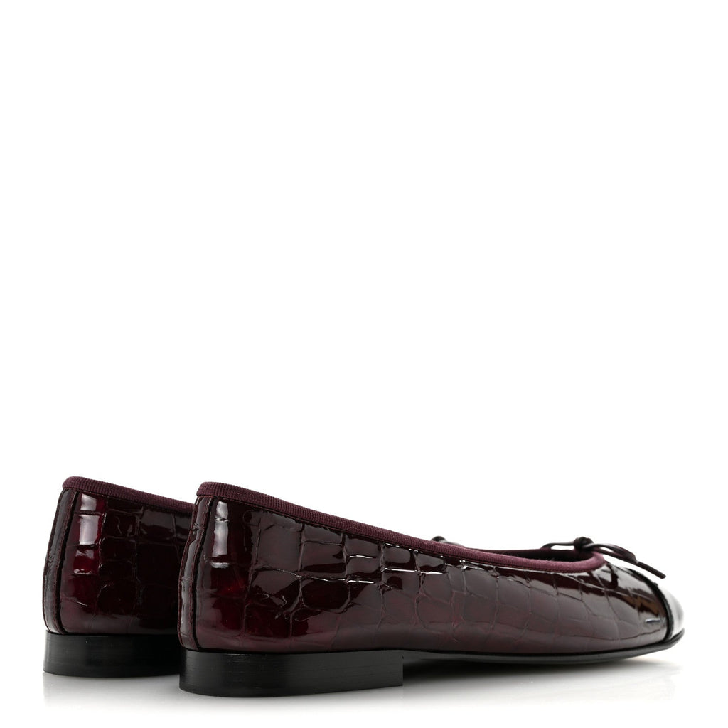 Patent Calfskin Crocodile Embossed Ballerina Flats 37 Dark Burgundy Black
