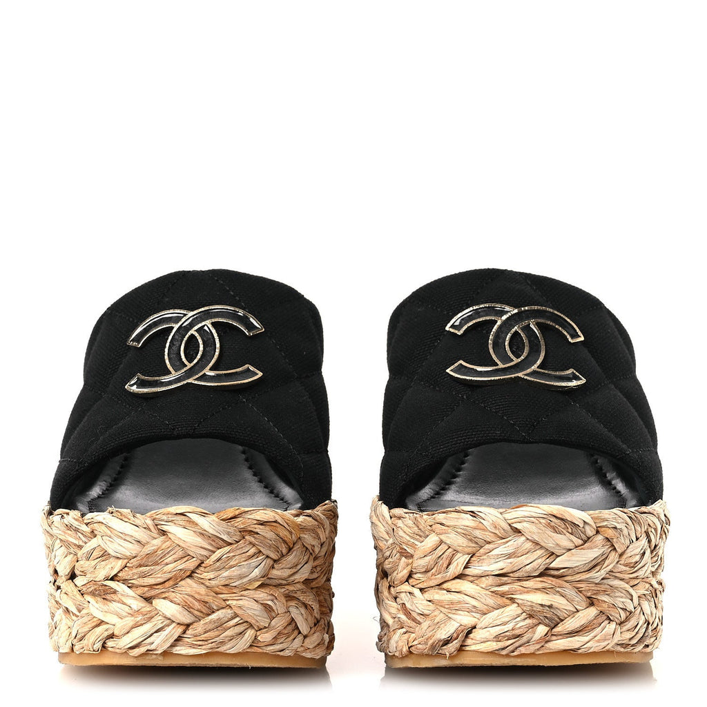 Canvas Raffia Wedge Sandals 35 Black
