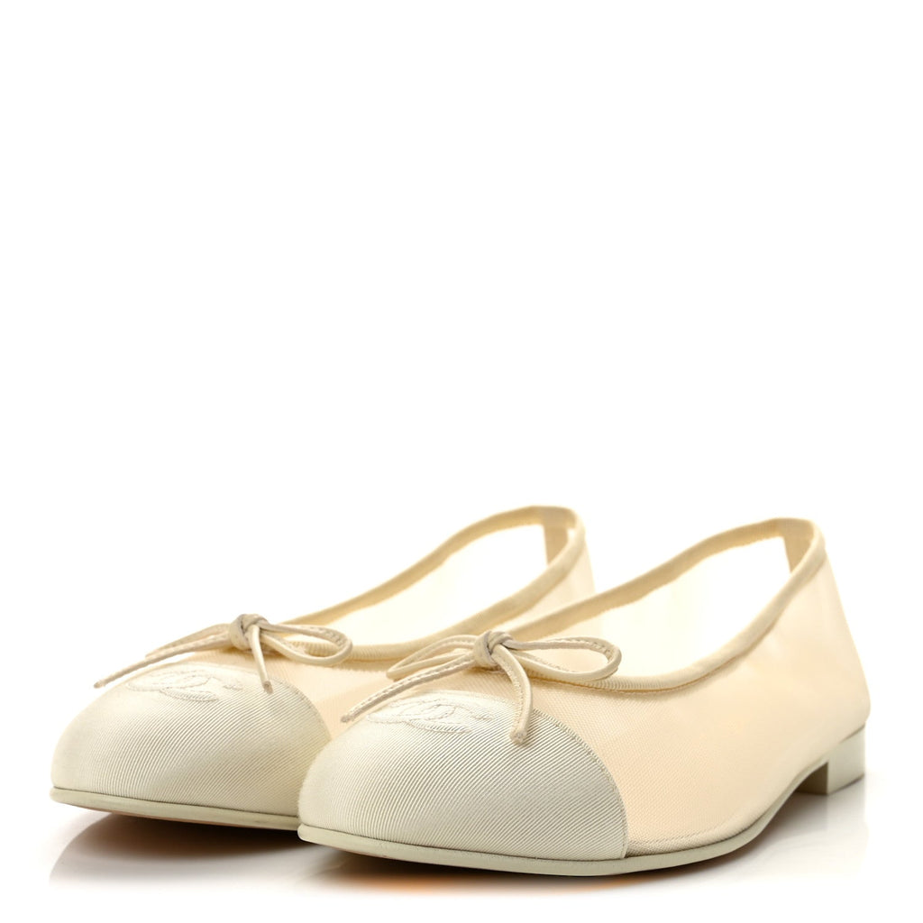 Mesh Grosgrain Cap Toe Ballerina Flats 38 Ivory