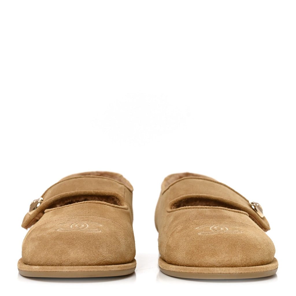 Suede Calfskin Cap Toe CC Mary Jane Flats 38 Beige