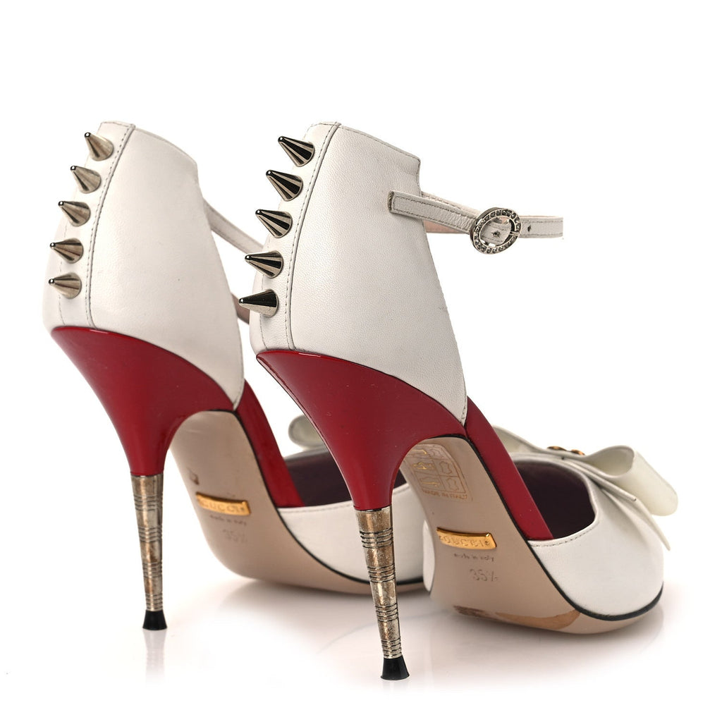 Calfskin Crystal GG Bow Sadie Spike Ankle Strap d'Orsay High Heel Pumps 35.5 White