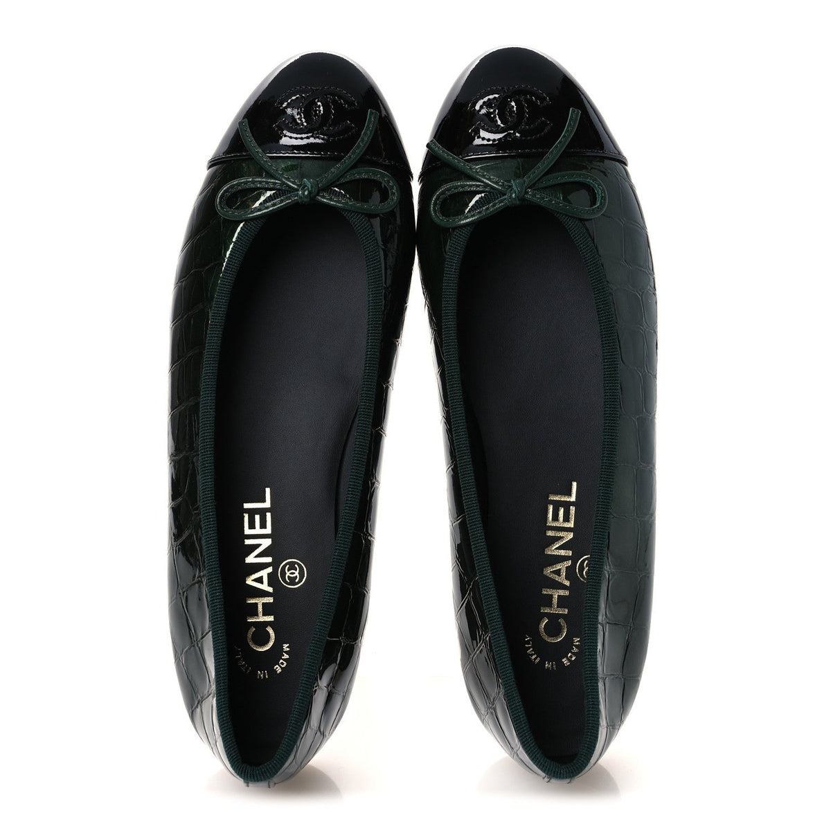 Crocodile Embossed Patent Calfskin Cap Toe CC Ballerina Flats 37.5 Dark Green Black