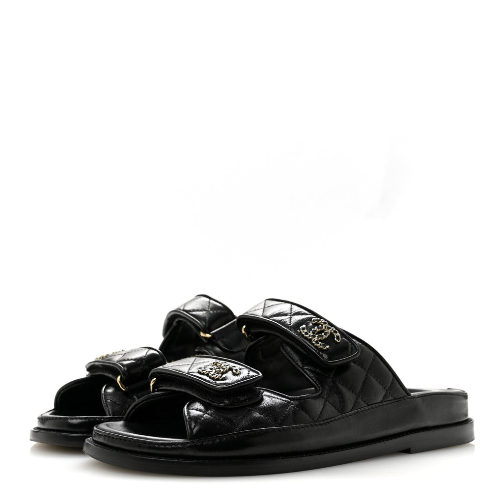 Lambskin Quilted Velcro Dad Chain CC Slide Sandals 36 Black