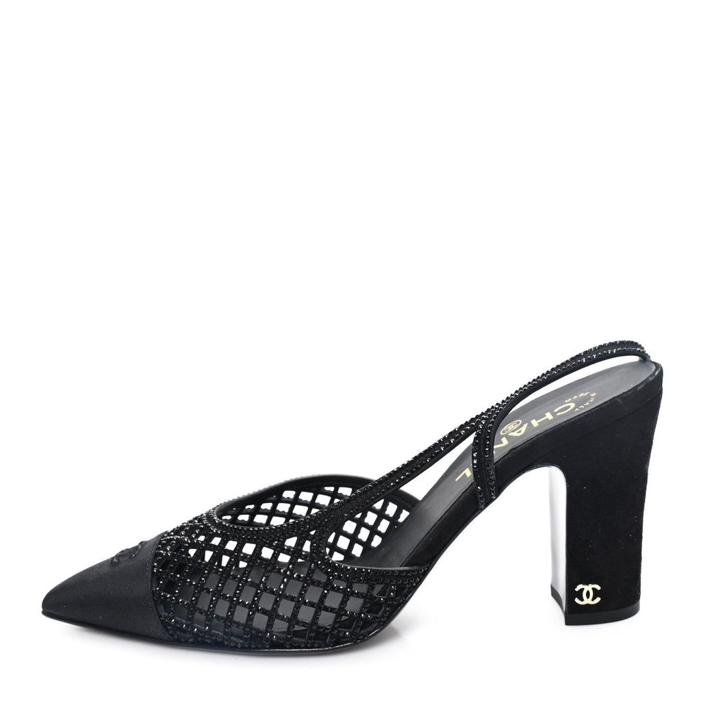 Suede Strass Grosgrain Cap Toe CC Slingback Pumps 39 Black