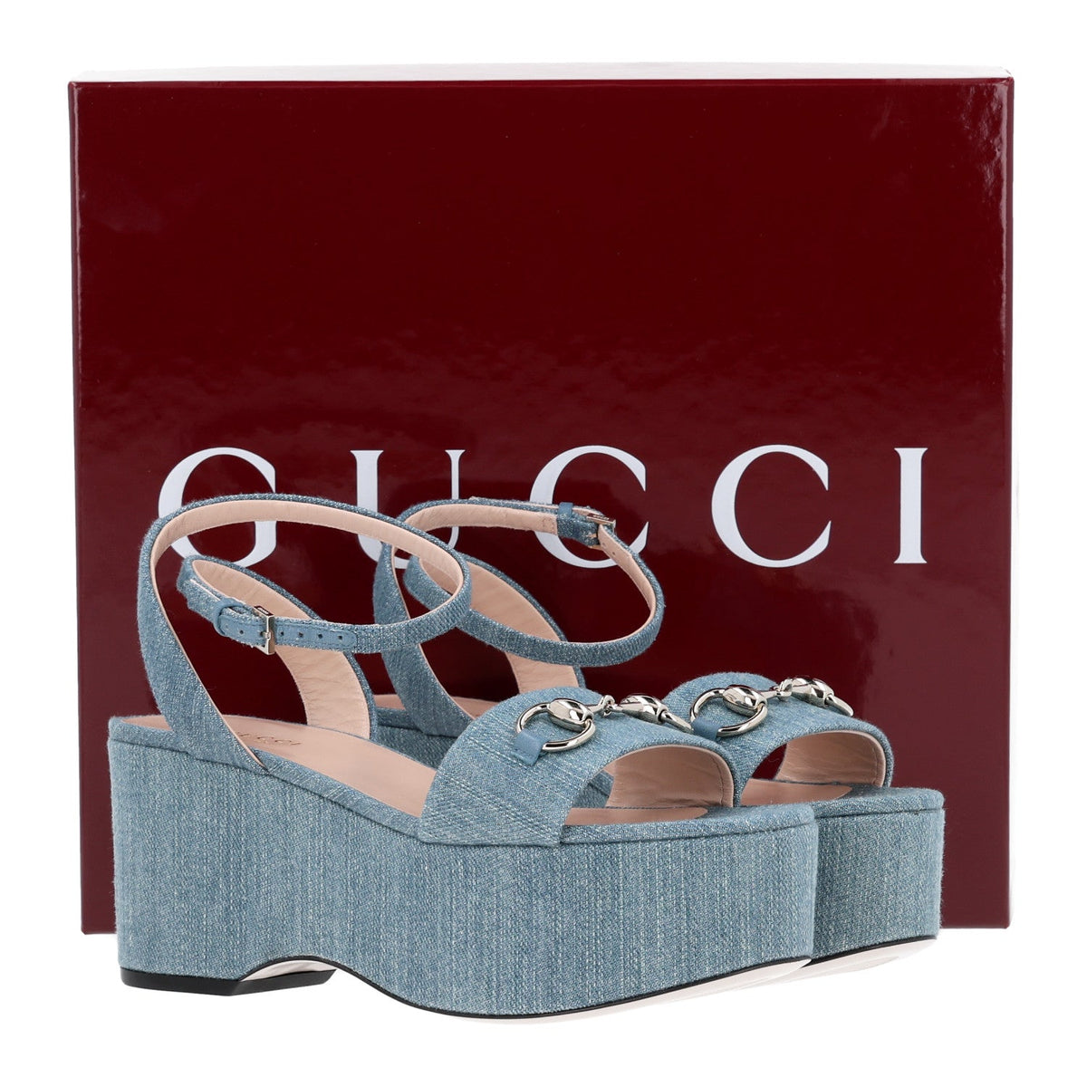 Denim Horsebit Ankle Strap 75mm Flatform Sandals 36 Old Azure
