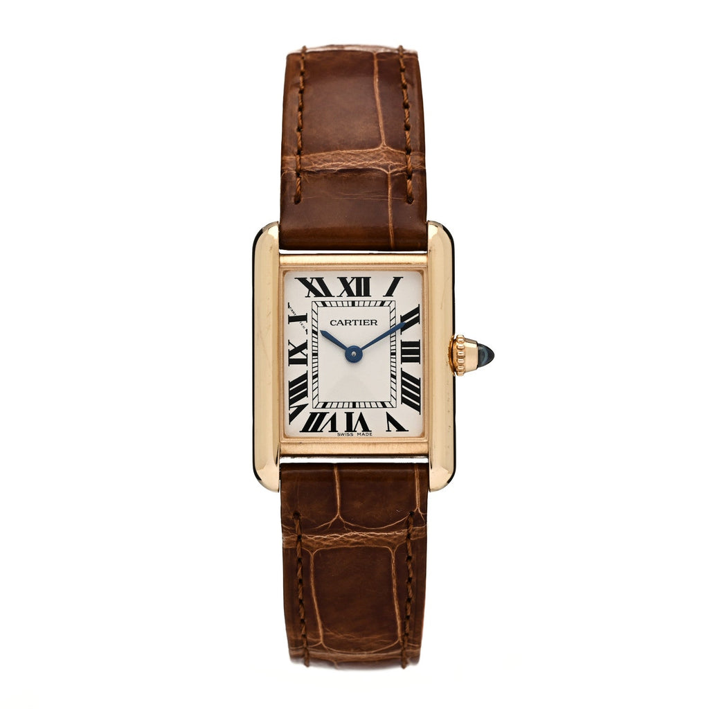 18K Yellow Gold Alligator 22mm Tank Louis Quartz Watch Brown