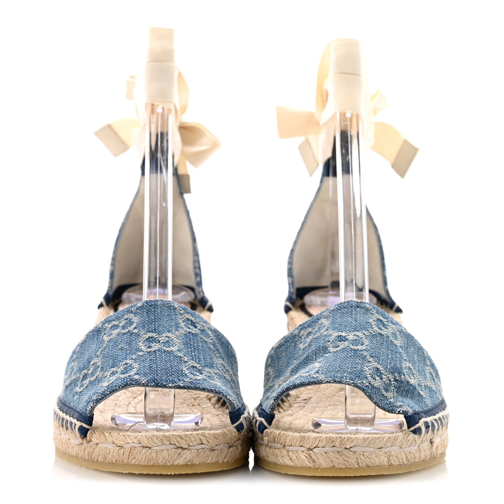 New Denim GG Monogram Pilar Ankle Wrap Espadrille Wedge Sandals 37 Light Blue