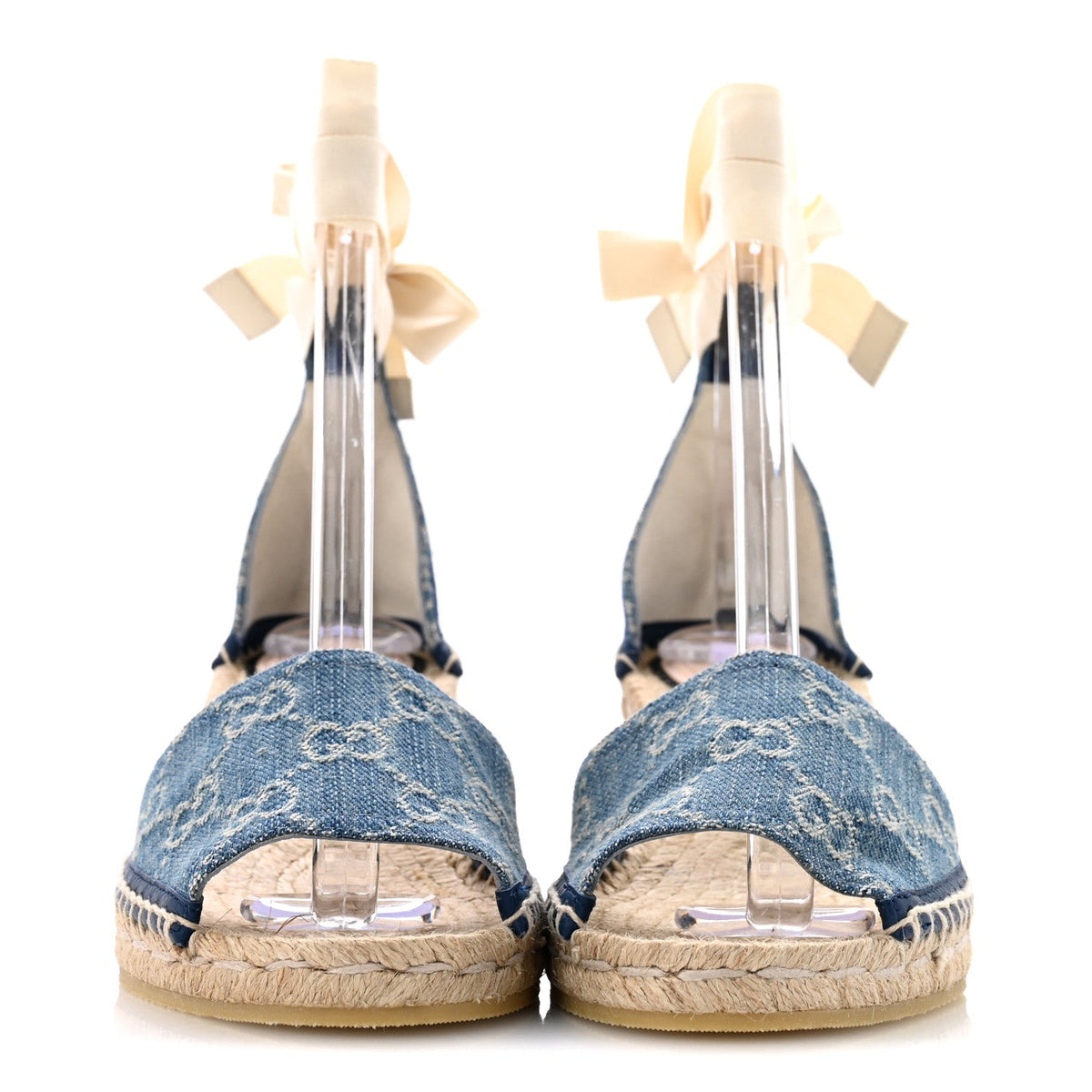 New Denim GG Monogram Pilar Ankle Wrap Espadrille Wedge Sandals 37 Light Blue