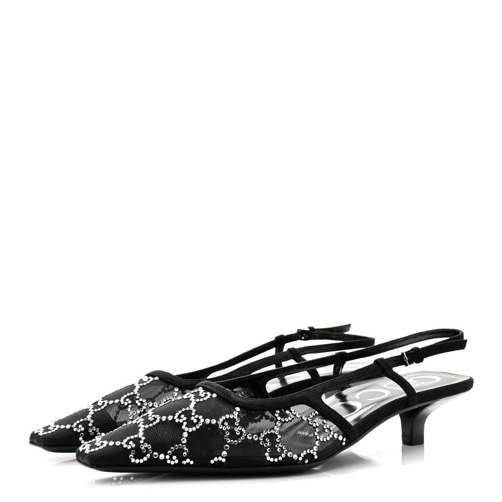 Tela Retino Kid Scamosciato Crystal GG Monogram Square G 35mm Slingback Pumps 36.5 Black
