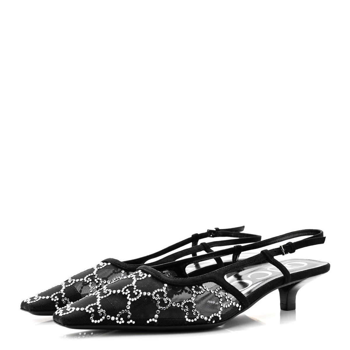 Tela Retino Kid Scamosciato Crystal GG Monogram Square G 35mm Slingback Pumps 36.5 Black