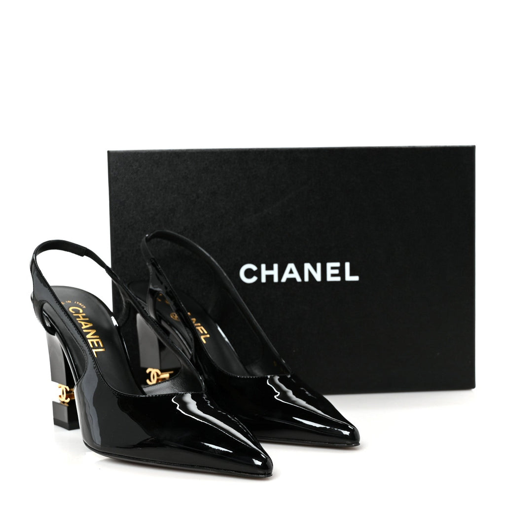Patent Calfskin Slingback CC Cutout Pumps 38 Black