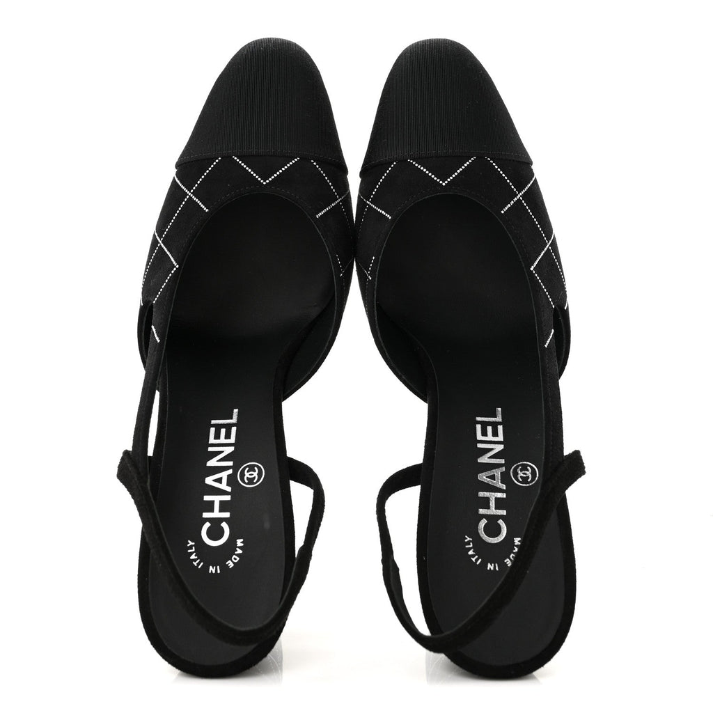 Suede Kidskin Cap Toe CC Slingback Pumps 37.5 Black Silver