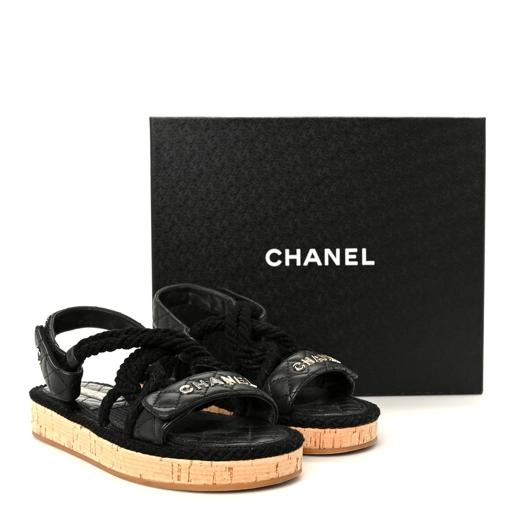 Cord Lambskin Quilted Logo Sandals 37 Black