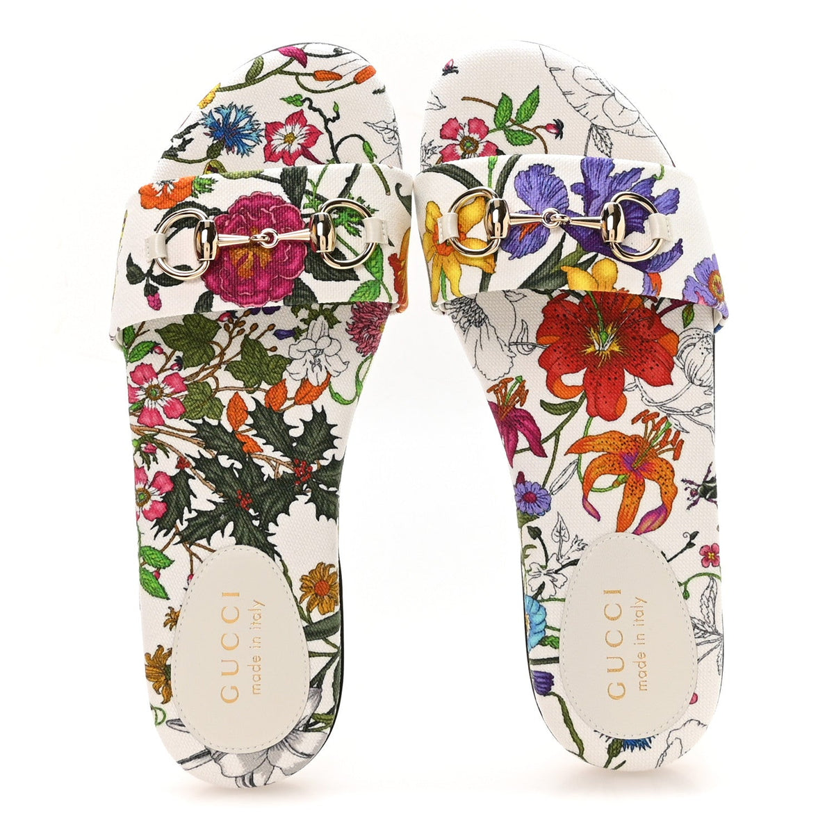 Canvas Flora Print Horsebit Slide Sandals 37 White