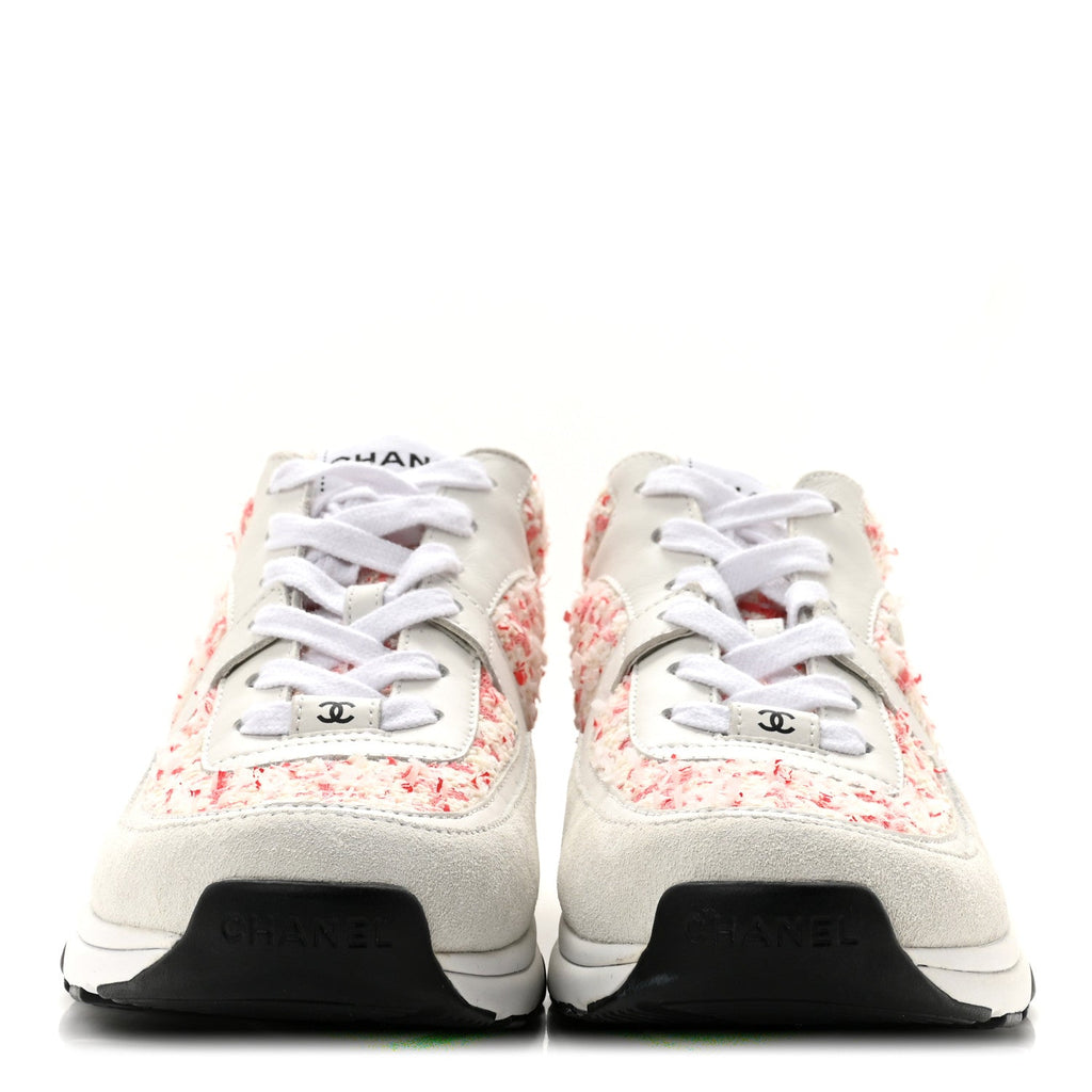 Tweed Suede Calfskin Womens CC Sneakers 40.5 Ecru Pink Red White