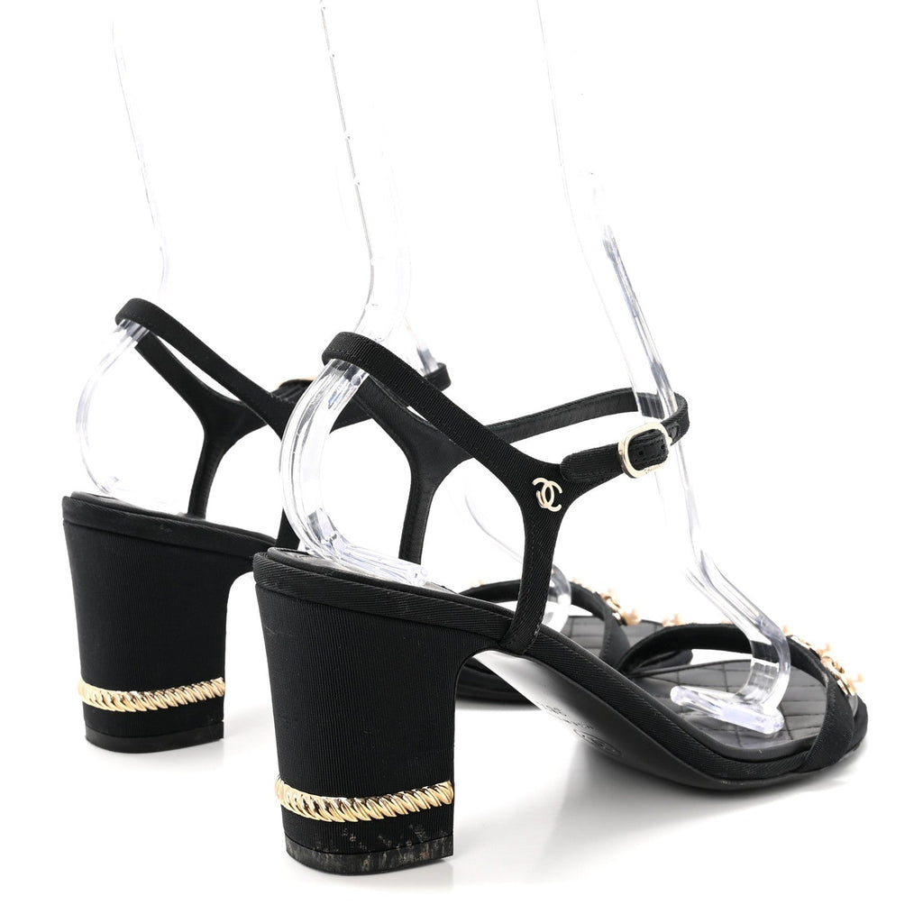 Grosgrain Pearl Chain CC Sandals 37.5 Black