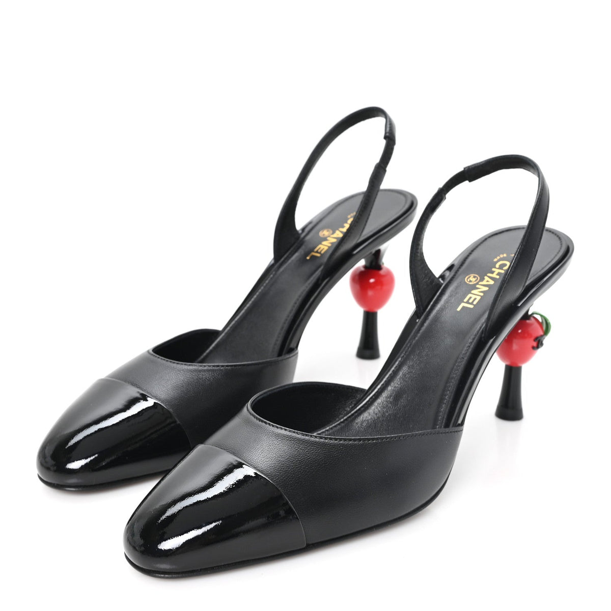 Lambskin Patent Cap Toe CC Apple Slingback Pumps 40 Black