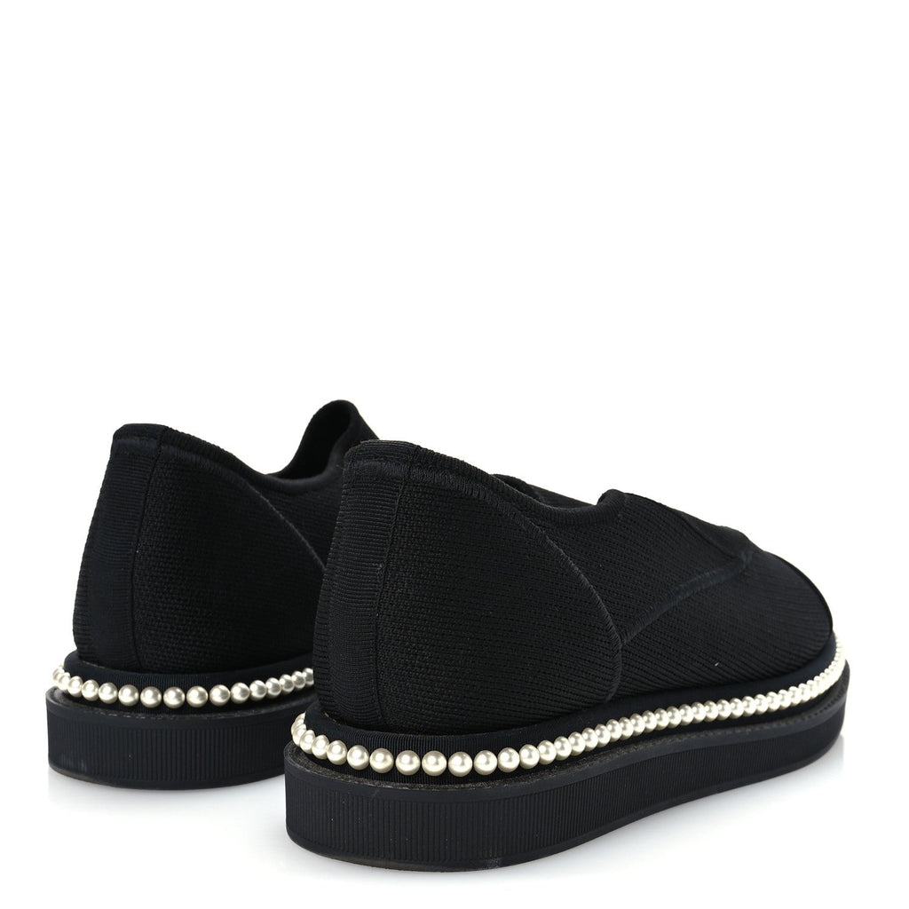 Stretch Fabric Grosgrain Pearl Cap Toe CC Moccasin Loafers 35.5 Black