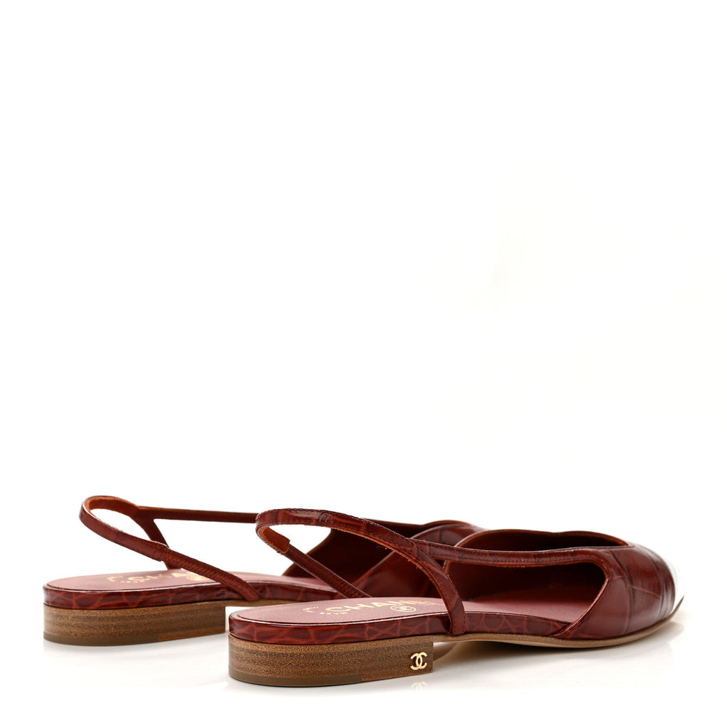 Patent Calfskin Crocodile Embossed Cap Toe CC Slingback Flats 37.5 Dark Red White