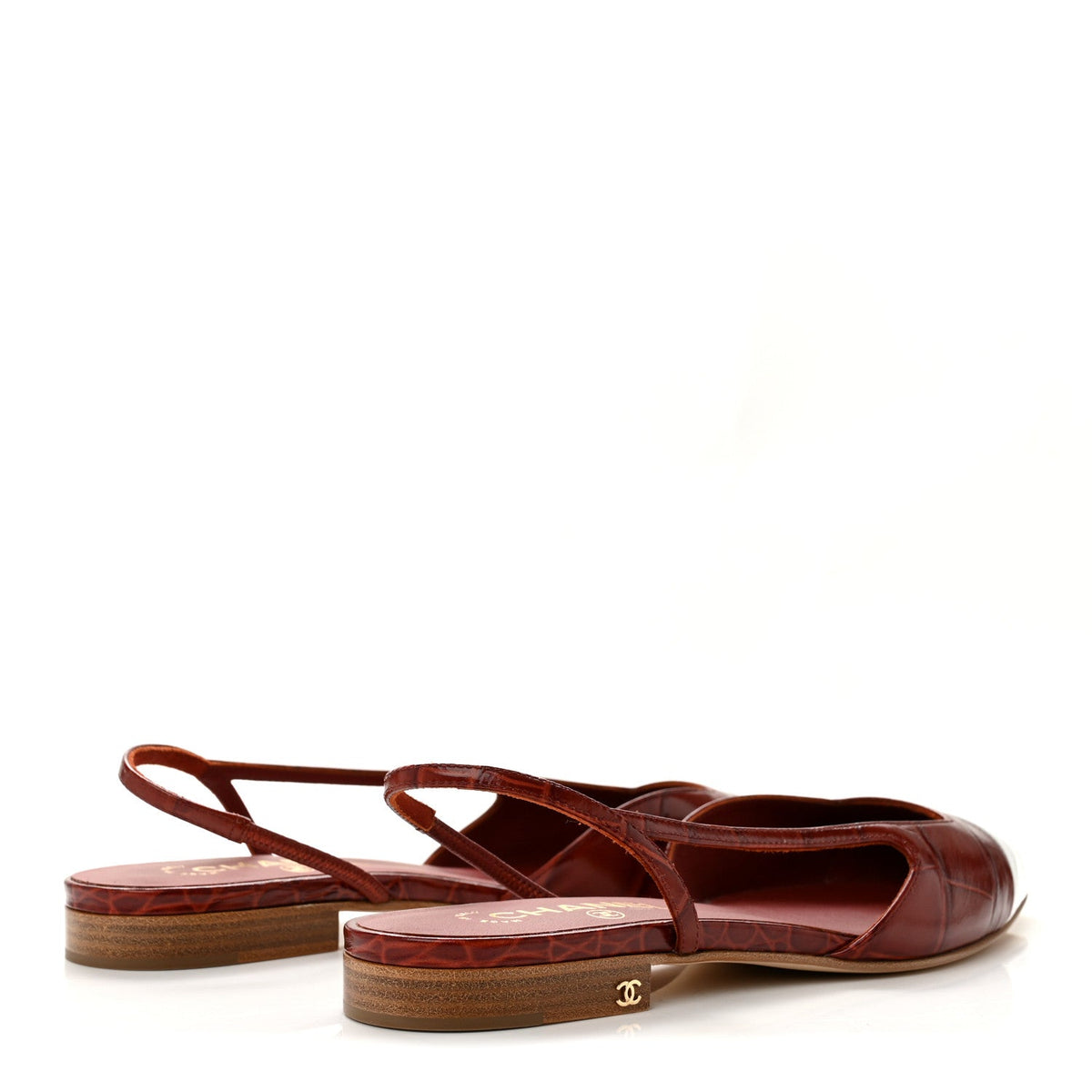Patent Calfskin Crocodile Embossed Cap Toe CC Slingback Flats 37.5 Dark Red White