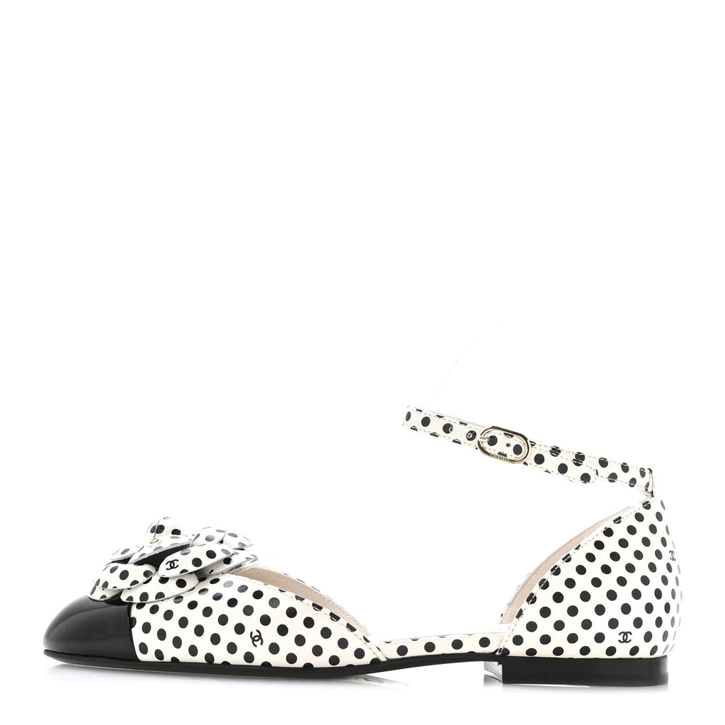 Calfskin Printed Patent Cap Toe Polka Dot Camellia Mary Jane Flats 36 White Black