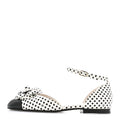 Calfskin Printed Patent Cap Toe Polka Dot Camellia Mary Jane Flats 36 White Black