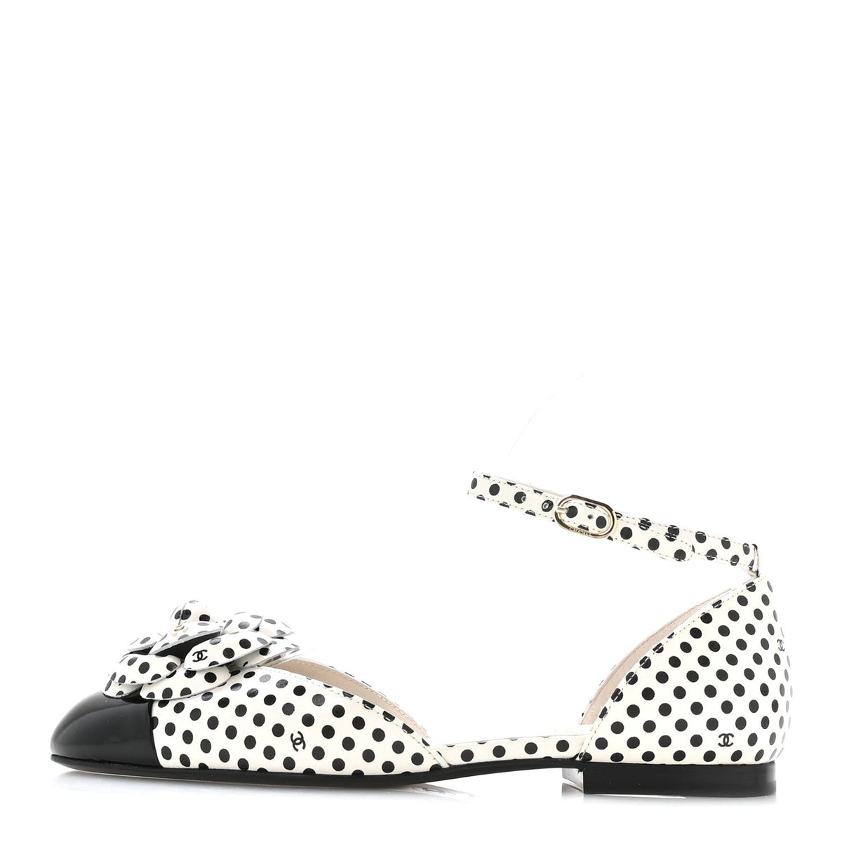Calfskin Printed Patent Cap Toe Polka Dot Camellia Mary Jane Flats 36 White Black