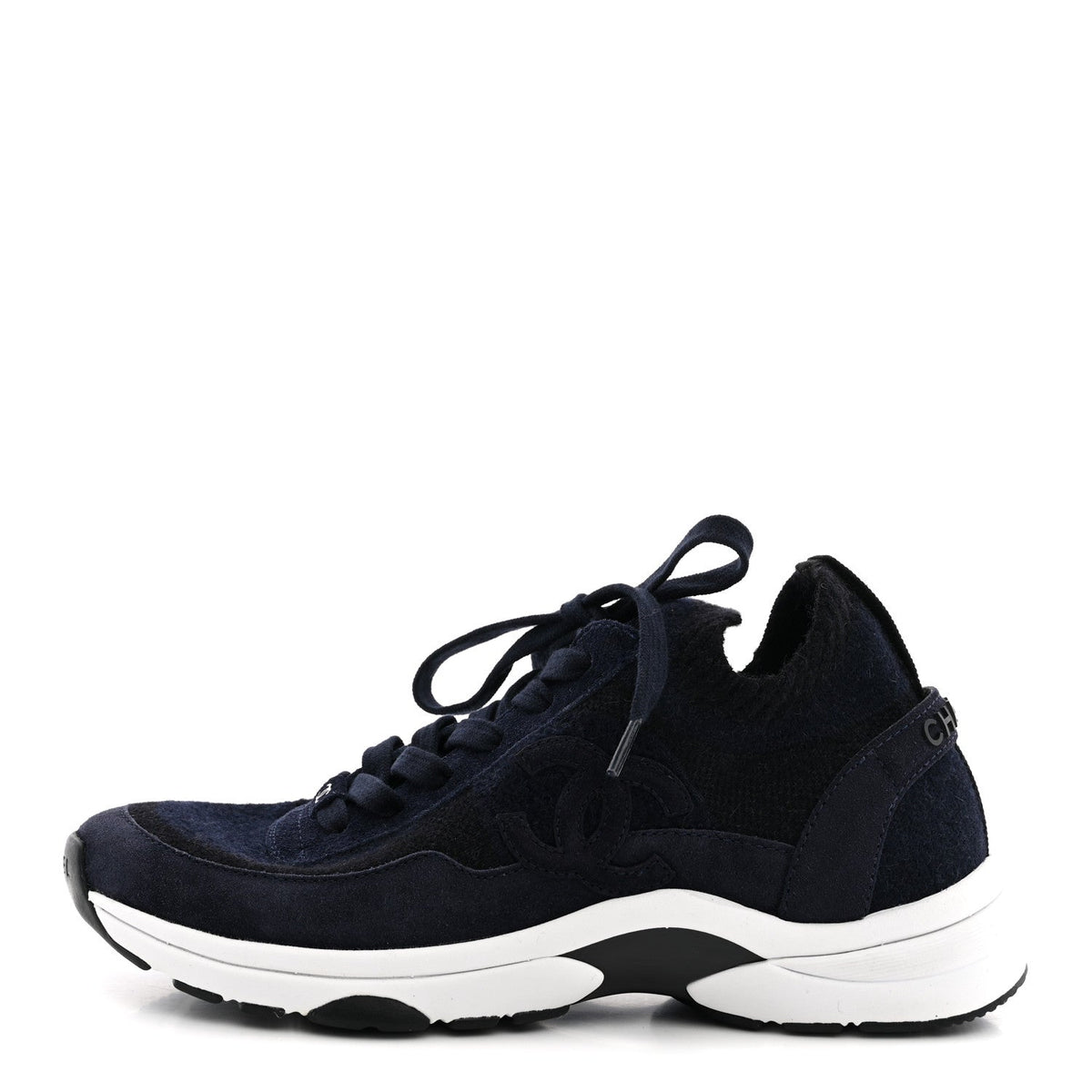 Knit Fabric Suede Calfskin Womens CC Sneakers 38 Navy Black