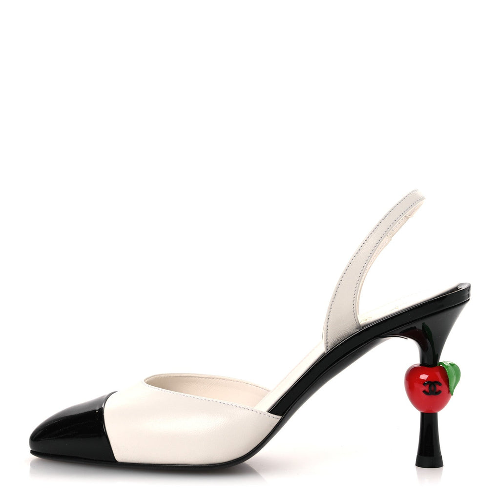 Lambskin Patent Cap Toe CC Apple Slingback Pumps 39 White Black